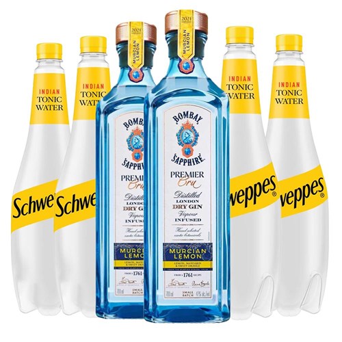 Case of 6 with Bombay Sapphire Premier Cru Gin 70cl and Schweppes Tonic Packed Together